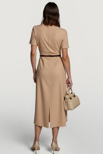 Camel Satin Bodycon Midi Work Dress with Sleeves